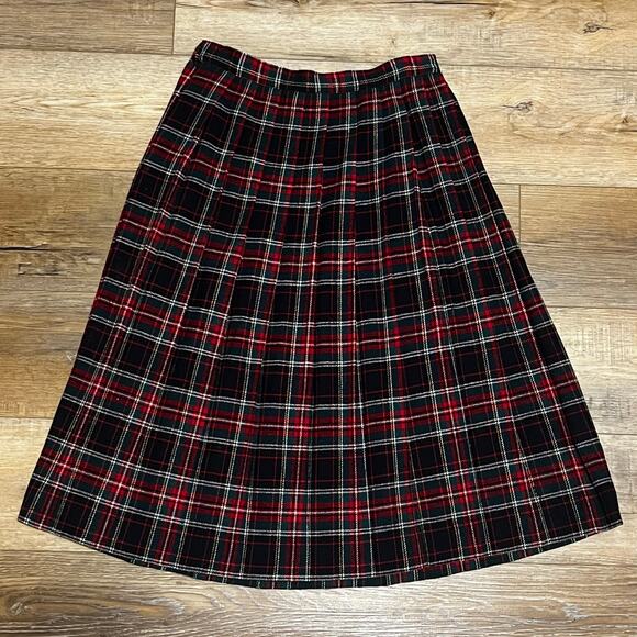 VTG SUSAN BRISTOL Merino Wool Plaid Midi Skirt Sz 10 Red Green Holiday Academia - Picture 4 of 8
